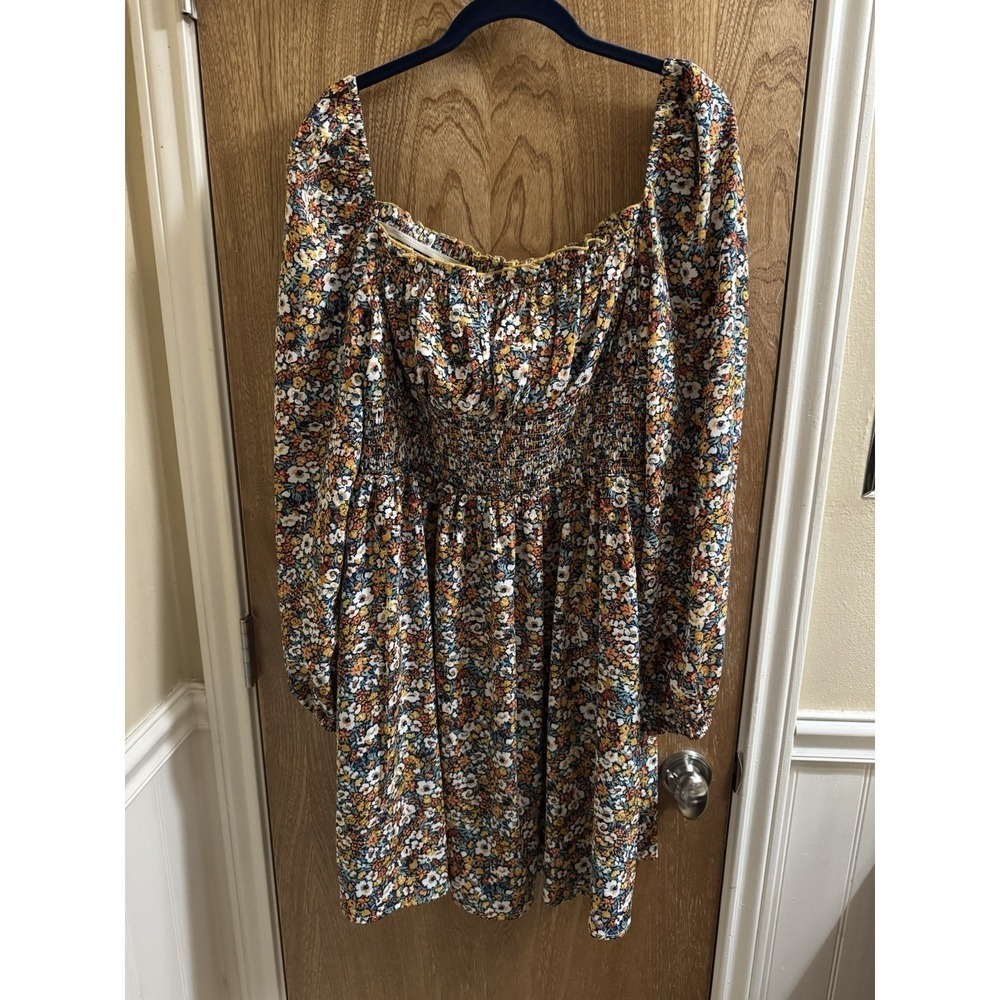 SHEIN Vaycay Ditsy Floral Shirred Bodice Square Neck Dress Plus Size 2XL Peplum